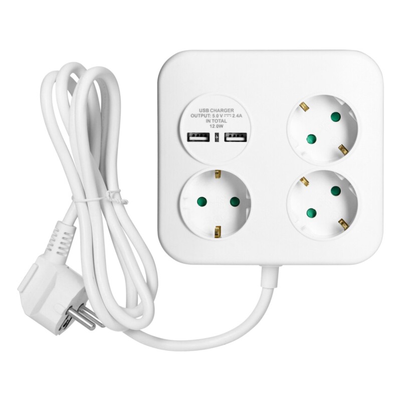 Predlžovacia šnúra 3-zás. - 1,4m + 2xUSB-2,4A (SCHUKO) kocka PS-4(GS)/W